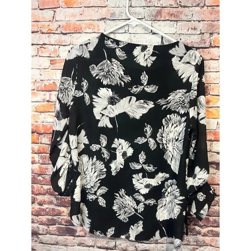 Black cream Daniel Rainn 3/4 sleeve floral blouse top shirt women's size medium - Picture 4 of 6